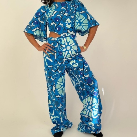 RHODE x Target Blue Zinnia Linen Blend Floral Print Cut-Out Jumper PLUS NWT - Picture 1 of 5